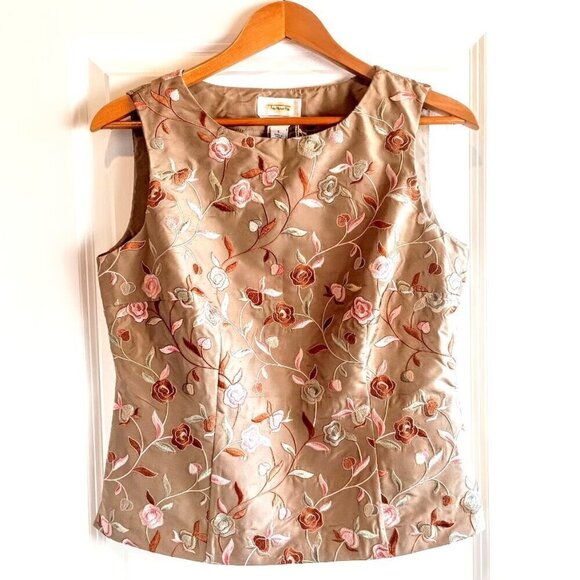 Talbots Tops - Talbots Tan Floral Embroidered Silk Shantung Sleeveless Top NWT